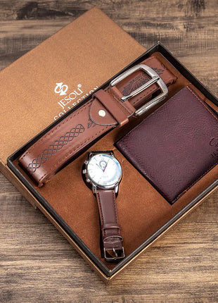 Men's Elegant Trio: Watch, Wallet & Belt Set