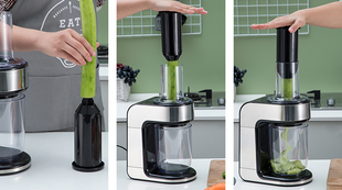 Three-step process of using a kitchen appliance to chop vegetables in a kitchen setting.