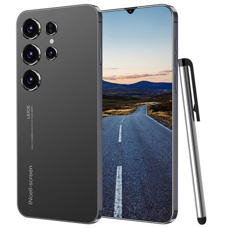 Unlocked Phone Smartphone with a sleek black metallic body, curved edges, multiple rear cameras, and a vibrant full-screen display.