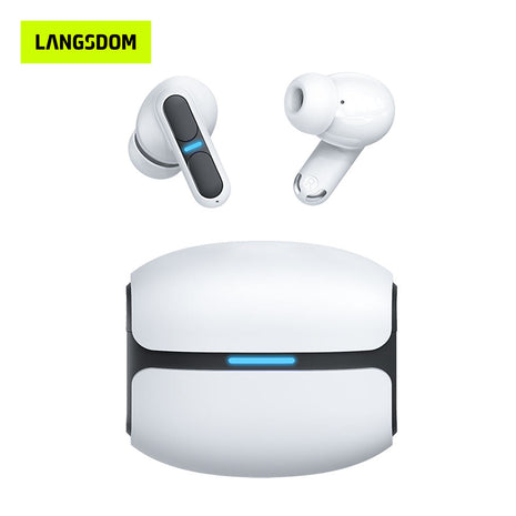 Langsdom Gaming Headset with white in-ear wireless earbuds and matching charging case, black panels and blue LED accents