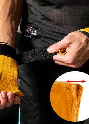 Person wearing black gloves with yellow grip tape, adjusting a strap, with an inset showing the texture of the grip tape.
