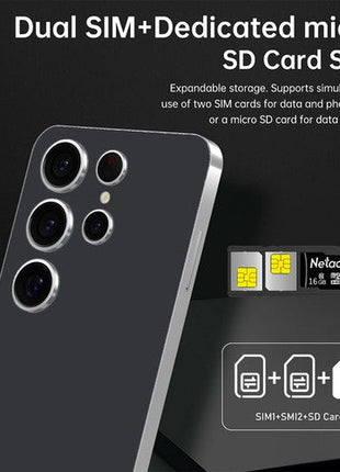 Unlocked Phone Smartphone in sleek black with quad rear cameras, dual SIM and dedicated micro SD card slot for storage expansion.