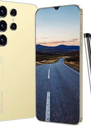 Unlocked Phone Smartphone in gold color with a sleek metal frame, large edge-to-edge screen, and multiple rear cameras shown with a stylus.