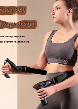 Woman using a massage belt with text on a beige background