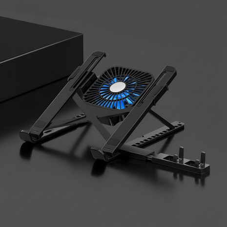 Adjustable laptop cooling stand with built-in fan for ergonomic heat control and improved posture