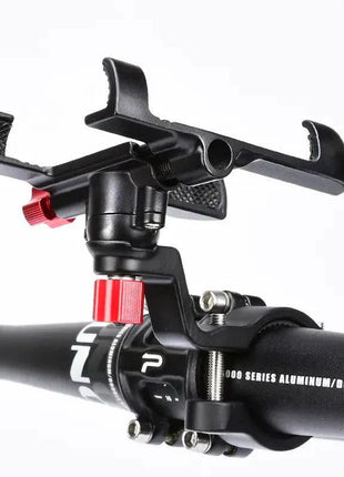 PROMEND Aluminum Alloy Phone Mount securely holding smartphone on bicycle handlebar with 360-degree rotation and adjustable angle