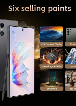 C25 Ultra Cell Phone in black with a large display, triple rear cameras, and included stylus pen