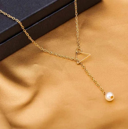 Hollow Triangle Pearl Tassel Necklace