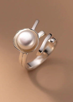 Women's Pearl Ring with Literary Double Lines Design