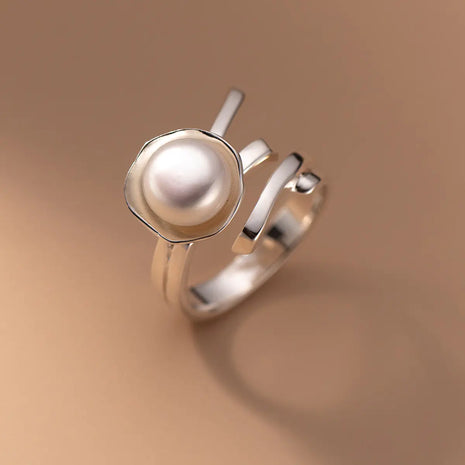 Women's Pearl Ring with Literary Double Lines Design