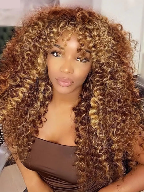 Doiwile 22 Inch Highlight Curly Wig with Bangs - Glueless Human Hair Wigs
