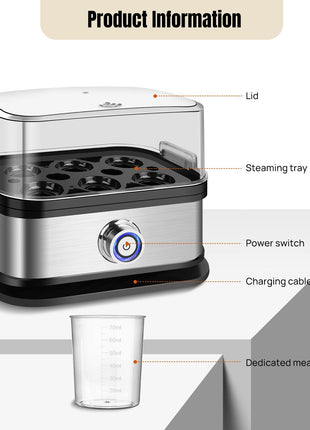 Electric egg boiler stainless steel cooker steaming up to 6 eggs with one-touch control and detachable design