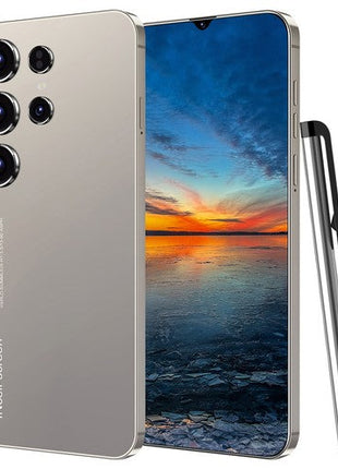 Unlocked Phone Smartphone with sleek silver metallic body, large edge-to-edge display, and quad rear cameras with stylus pen accessory.