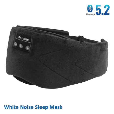 Bluetooth White Noise Sleep Eye Mask with built-in stereo speakers, 15-hour playback, USB charging, and 100% light blocking for restful sleep