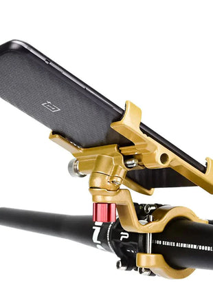 PROMEND Aluminum Alloy Phone Mount securely attached to bicycle handlebar with adjustable rotation