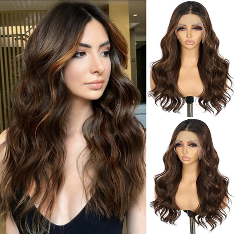 SAPPHIREWIGS Highlight Burnt Brown Lace Front Wig - 20 Inch Loose Wave Synthetic Wig