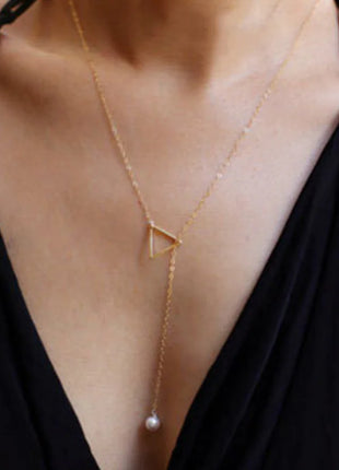 Hollow Triangle Pearl Tassel Necklace