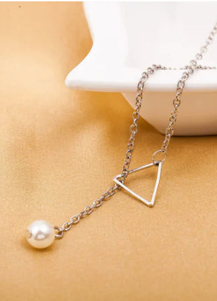 Hollow Triangle Pearl Tassel Necklace