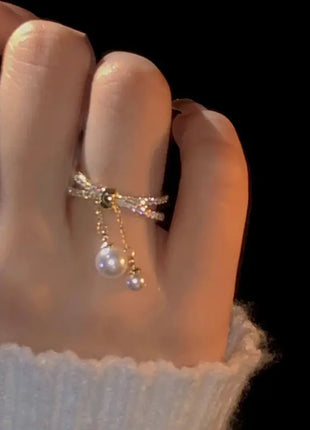 Electroplated Baroque Pearl Zircon Double-layer Ring