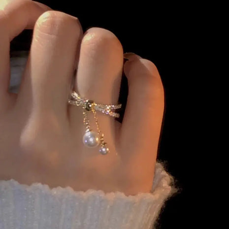 Electroplated Baroque Pearl Zircon Double-layer Ring