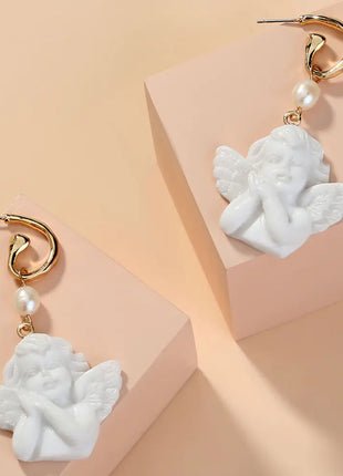Cute White Angel Statue Earrings with C-Shaped Hooks