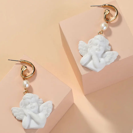 Cute White Angel Statue Earrings with C-Shaped Hooks