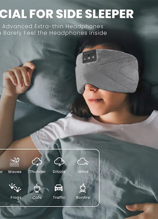 Bluetooth white noise sleep eye mask with built-in stereo speakers, 20 white noise tracks, 4 sleep melodies, 15-hour playback, USB charging, and 100% light blocking
