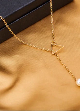 Hollow Triangle Pearl Tassel Necklace