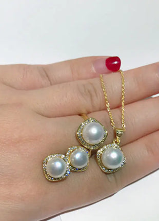 Natural Pearl Jewelry Set: Necklace, Earrings, Ring